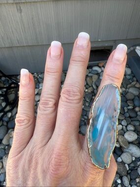 Blue Agate Statement Ring with Gold Trim